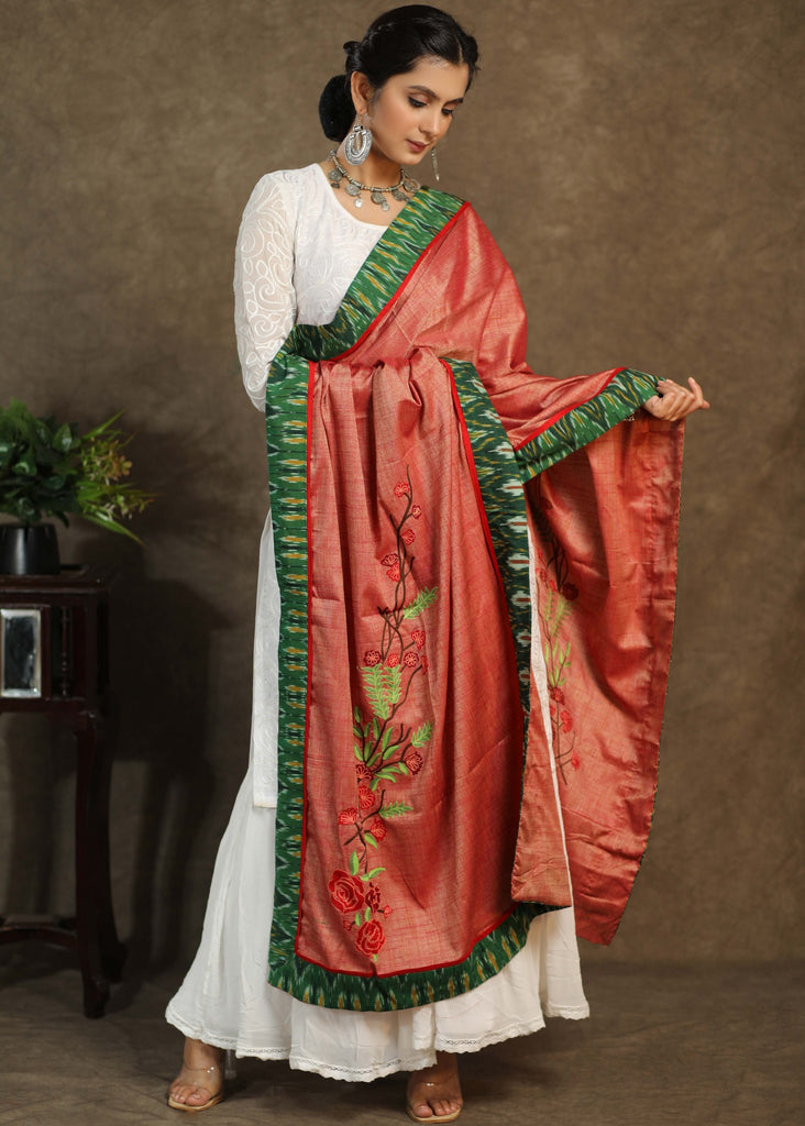 Semi-silk pink dupatta with delicate embroidery and green Ikkat border