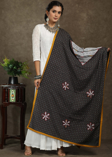 Black Ajrakh dupatta with white flower Applic