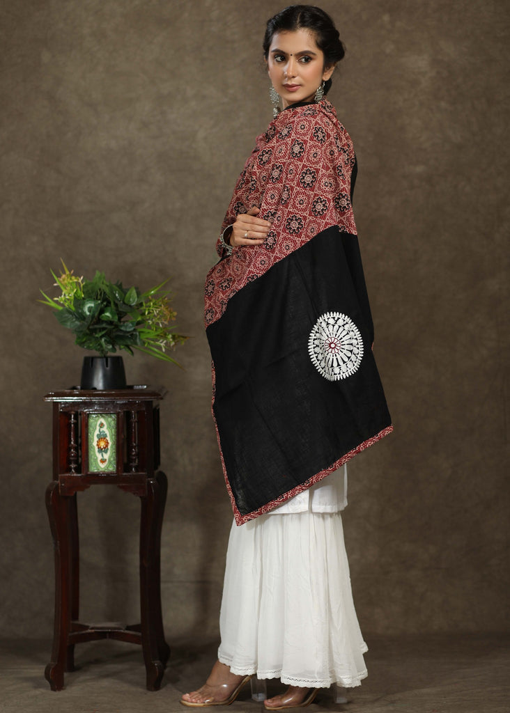 Maroon Ajrakh combination dupatta with elegant embroidery
