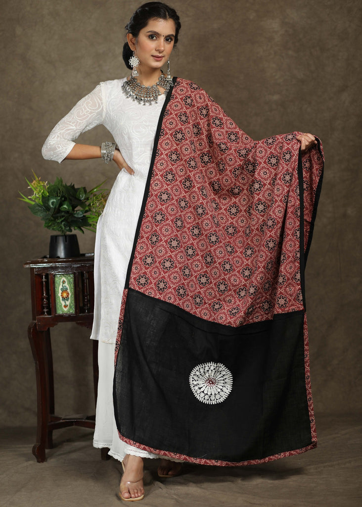 Maroon Ajrakh combination dupatta with elegant embroidery