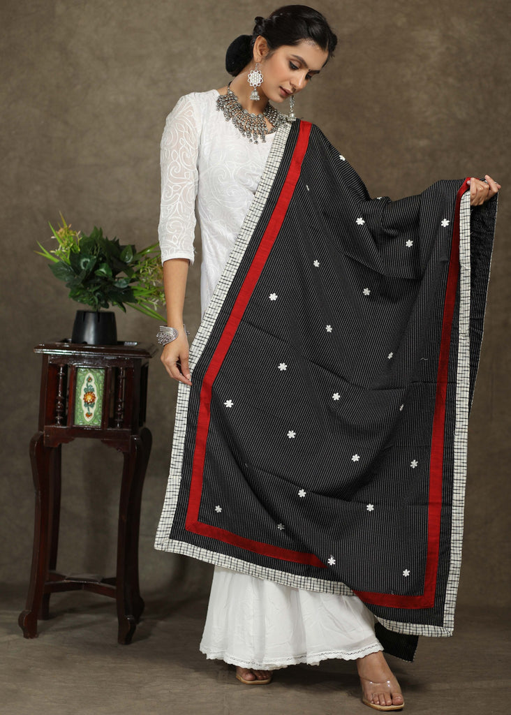 Black Ajrakh dupatta with delicate embroidery