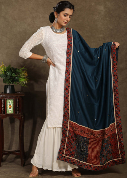 Teal Satin dupatta with mirror work and Ajrakh combination