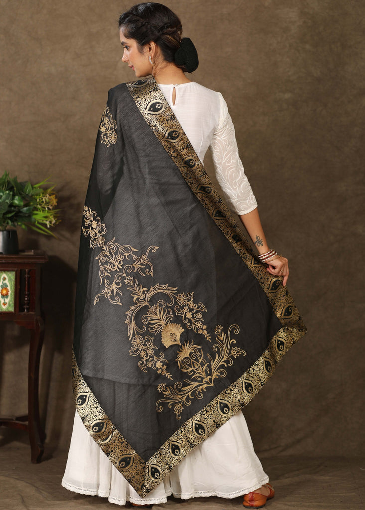 Black Chanderi dupatta with exclusive golden embroidery and Banarasi border