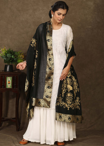 Black Chanderi dupatta with exclusive golden embroidery and Banarasi border