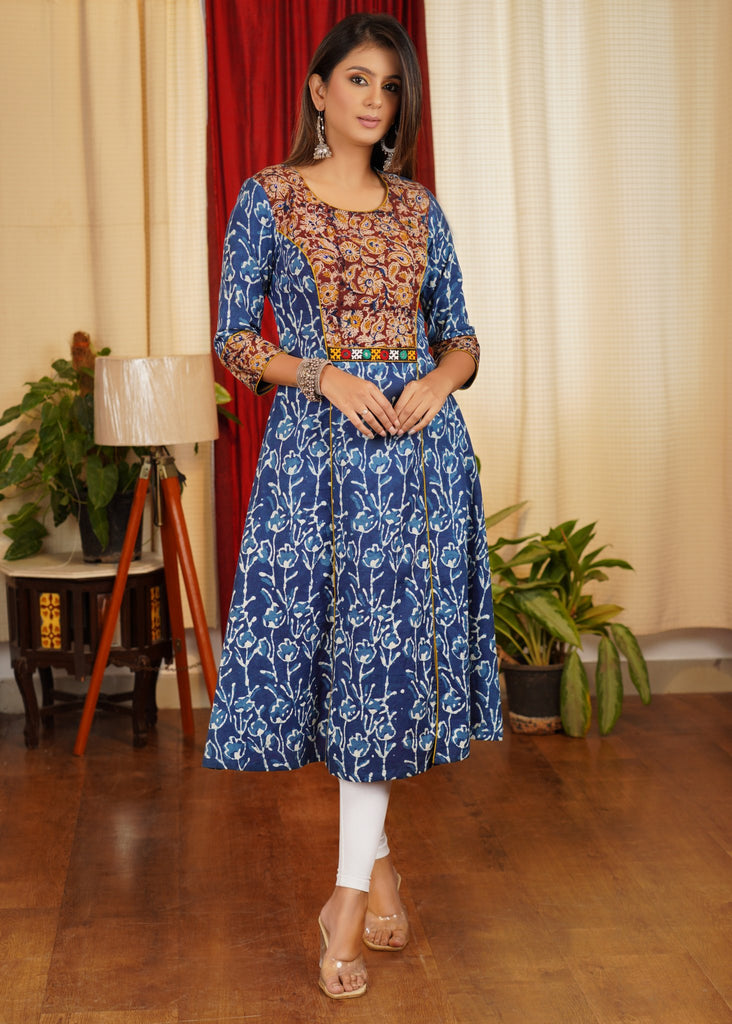 Trendy & Unusual Combination Indigo & Kalamkari A- Line Pure Cotton Kurta.