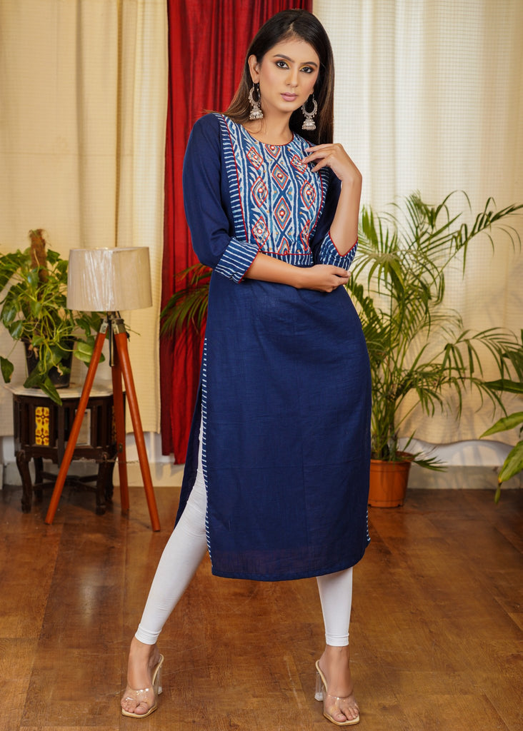 Beautiful Indigo Combination Navy Blue Cotton Straight Cut Kurta with Embroidery, Bead and Pearl Work