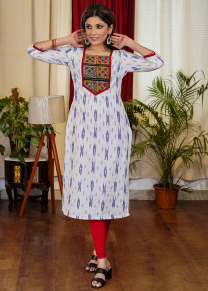 Graceful Ikat Cotton Straight Cut Kurta with Hand made Kutch Mirror work on Yoke and Sleeves