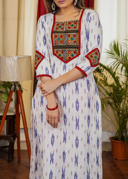 Graceful Ikat Cotton Straight Cut Kurta with Hand made Kutch Mirror work on Yoke and Sleeves