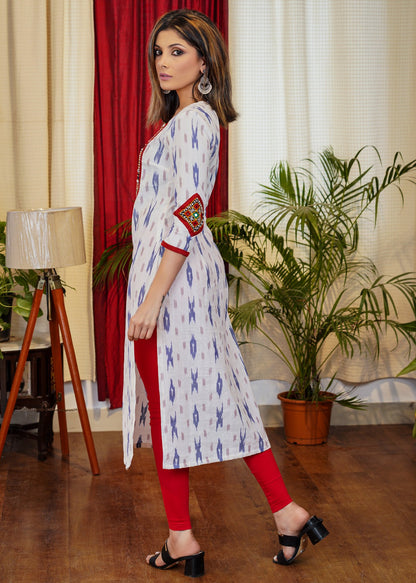 Graceful Ikat Cotton Straight Cut Kurta with Hand made Kutch Mirror work on Yoke and Sleeves