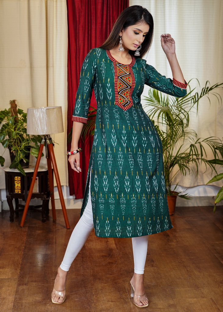 Graceful Green Ikat Cotton Straight Cut Kurta with Hand made Kutch mirror work and Bead Work