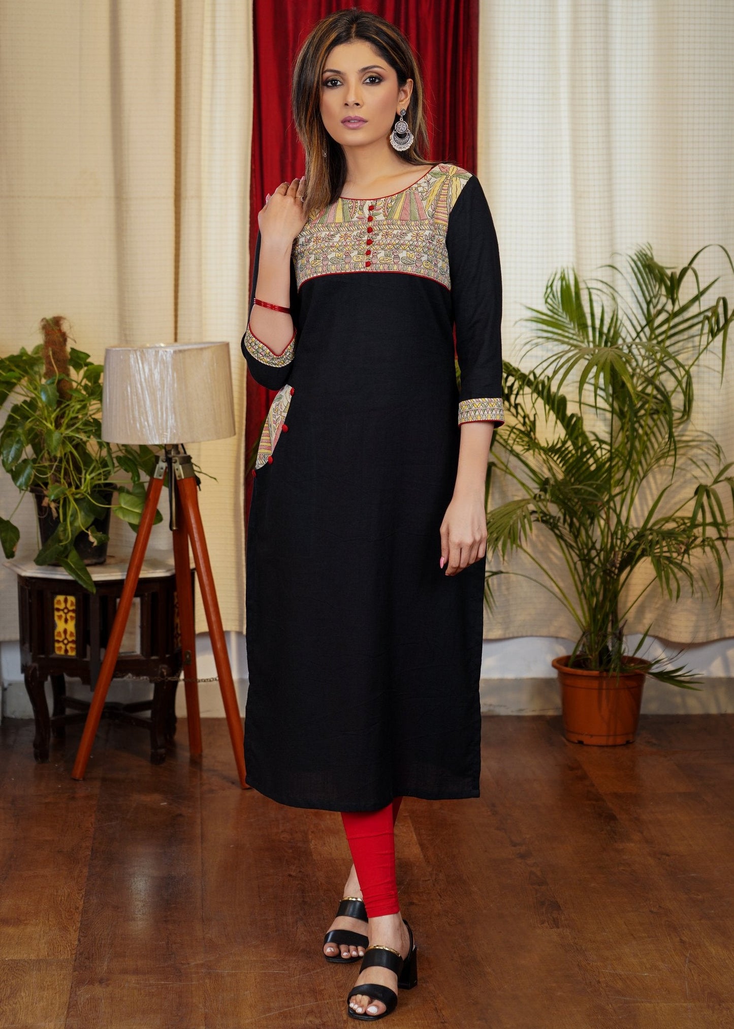 Elegant Straight Cut Black Cotton Kurta With Exclusive Madhubani Print