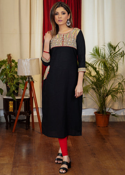 Elegant Straight Cut Black Cotton Kurta With Exclusive Madhubani Print