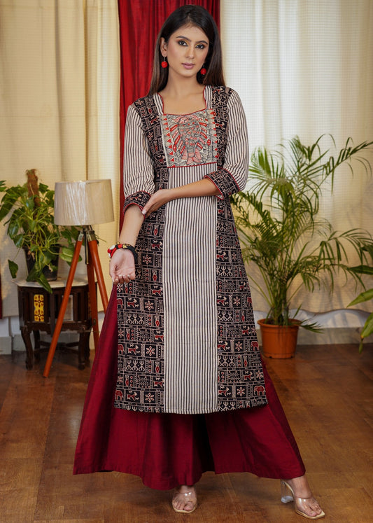 Elegant Straight Cut Ajrakh Combination Kurta With Exclusive Hand Painted Madhubani Art