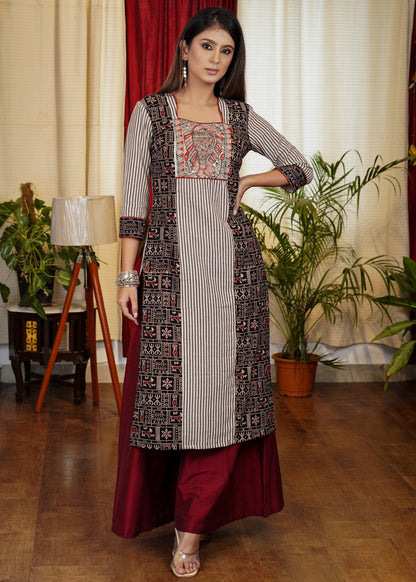 Elegant Straight Cut Ajrakh Combination Kurta With Exclusive Hand Painted Madhubani Art