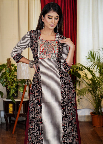 Elegant Straight Cut Ajrakh Combination Kurta With Exclusive Hand Painted Madhubani Art