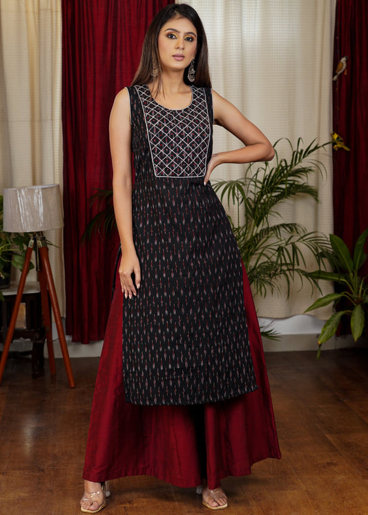 Smart and Trendy Sleevless Cotton Ikat Kurta with Beautiful Stone work and Hand  Embroidery on the Yoke