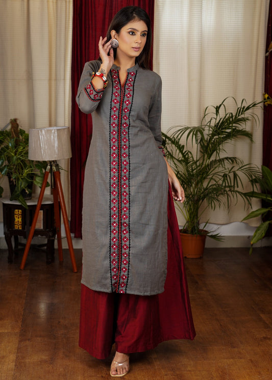 Gracious Grey Cotton Straight Cut Kurta With Beautiful Mirror and Embroidery Work