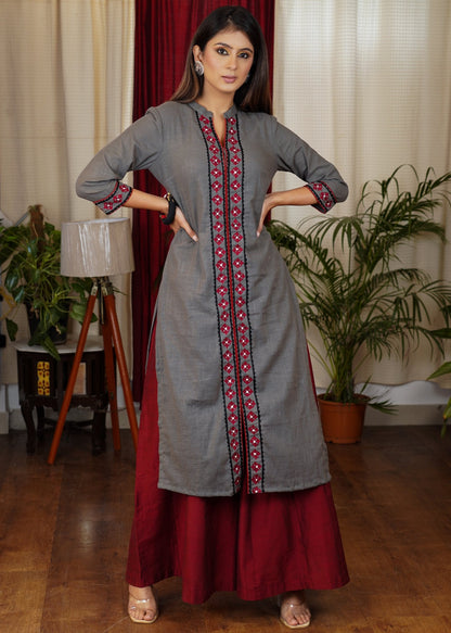 Gracious Grey Cotton Straight Cut Kurta With Beautiful Mirror and Embroidery Work