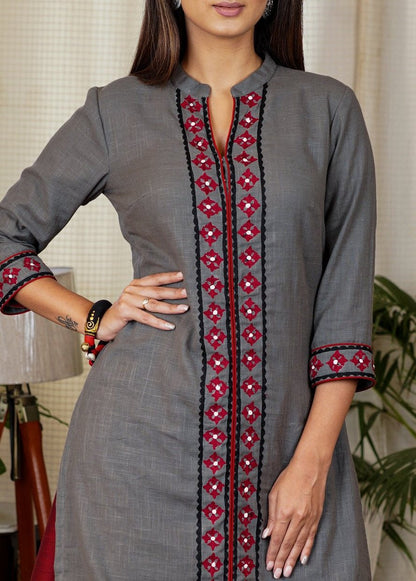 Gracious Grey Cotton Straight Cut Kurta With Beautiful Mirror and Embroidery Work