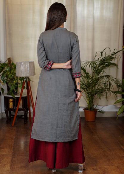 Gracious Grey Cotton Straight Cut Kurta With Beautiful Mirror and Embroidery Work