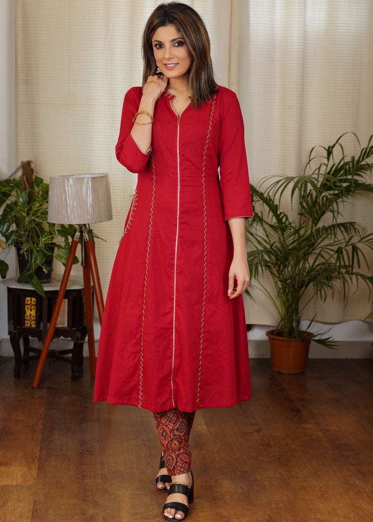 Elegant Red A - line Cotton Kurta With Dull Gold Hand Work in Stones and Beads