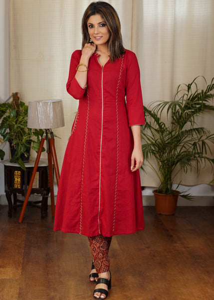 Elegant Red A - line Cotton Kurta With Dull Gold Hand Work in Stones and Beads