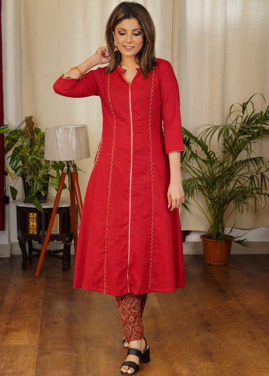 Elegant Red A - line Cotton Kurta With Dull Gold Hand Work in Stones and Beads