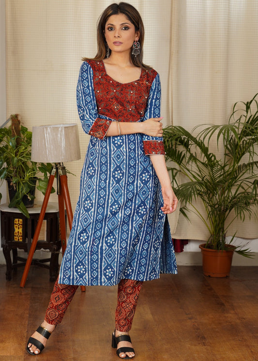 Graceful Straight Cut Cotton Indigo Kurta With Ajrakh Yoke and Golden Beads