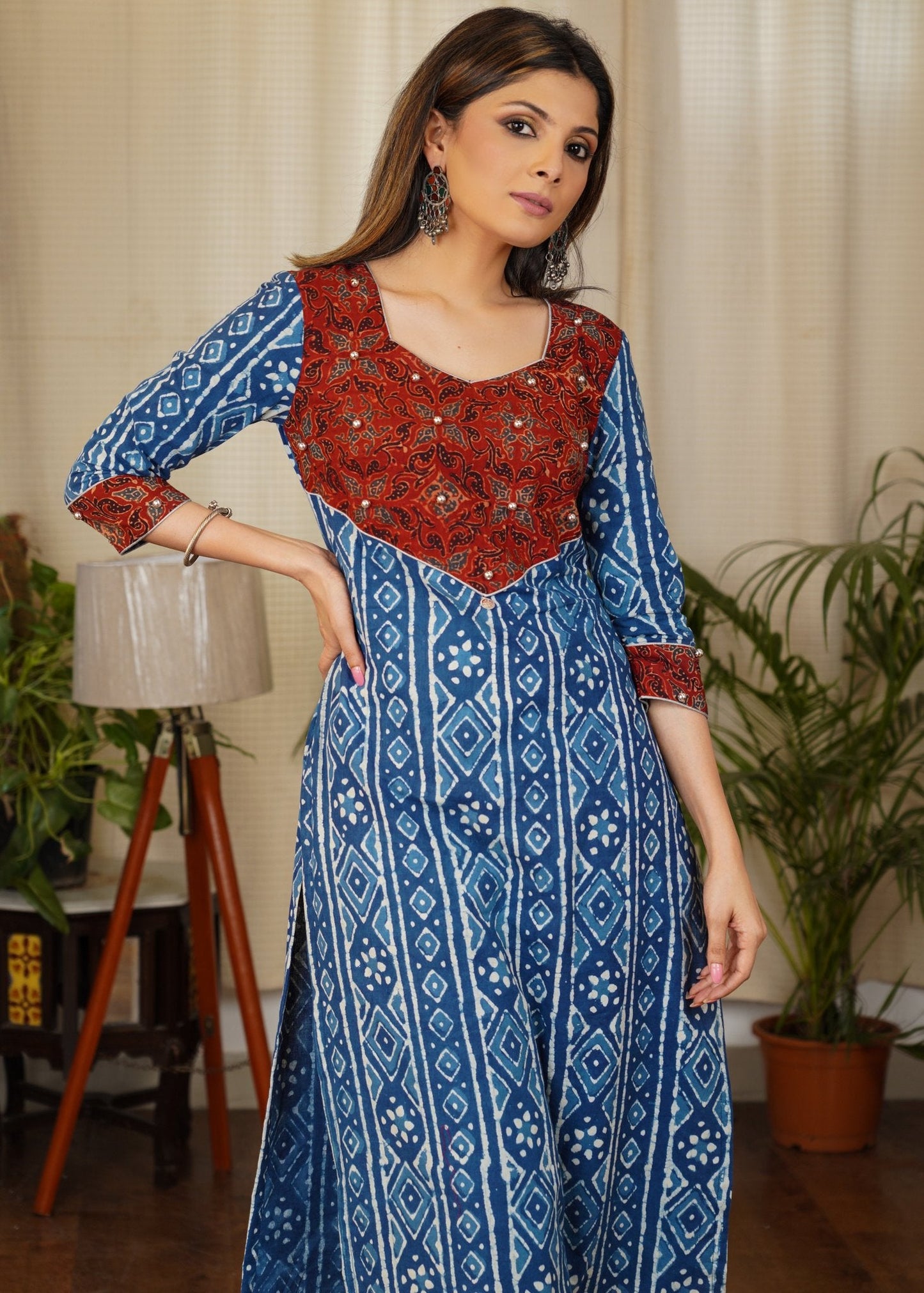 Graceful Straight Cut Cotton Indigo Kurta With Ajrakh Yoke and Golden Beads