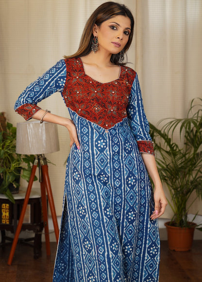 Graceful Straight Cut Cotton Indigo Kurta With Ajrakh Yoke and Golden Beads