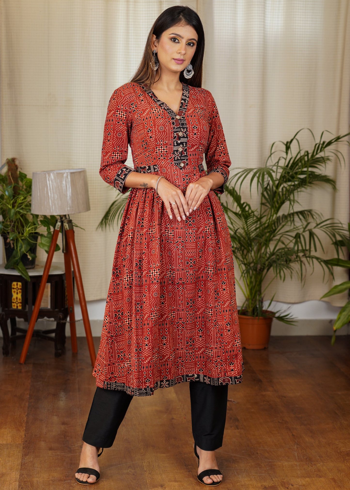Stylish Ajrakh Combination Kurta With Beautiful Buttons