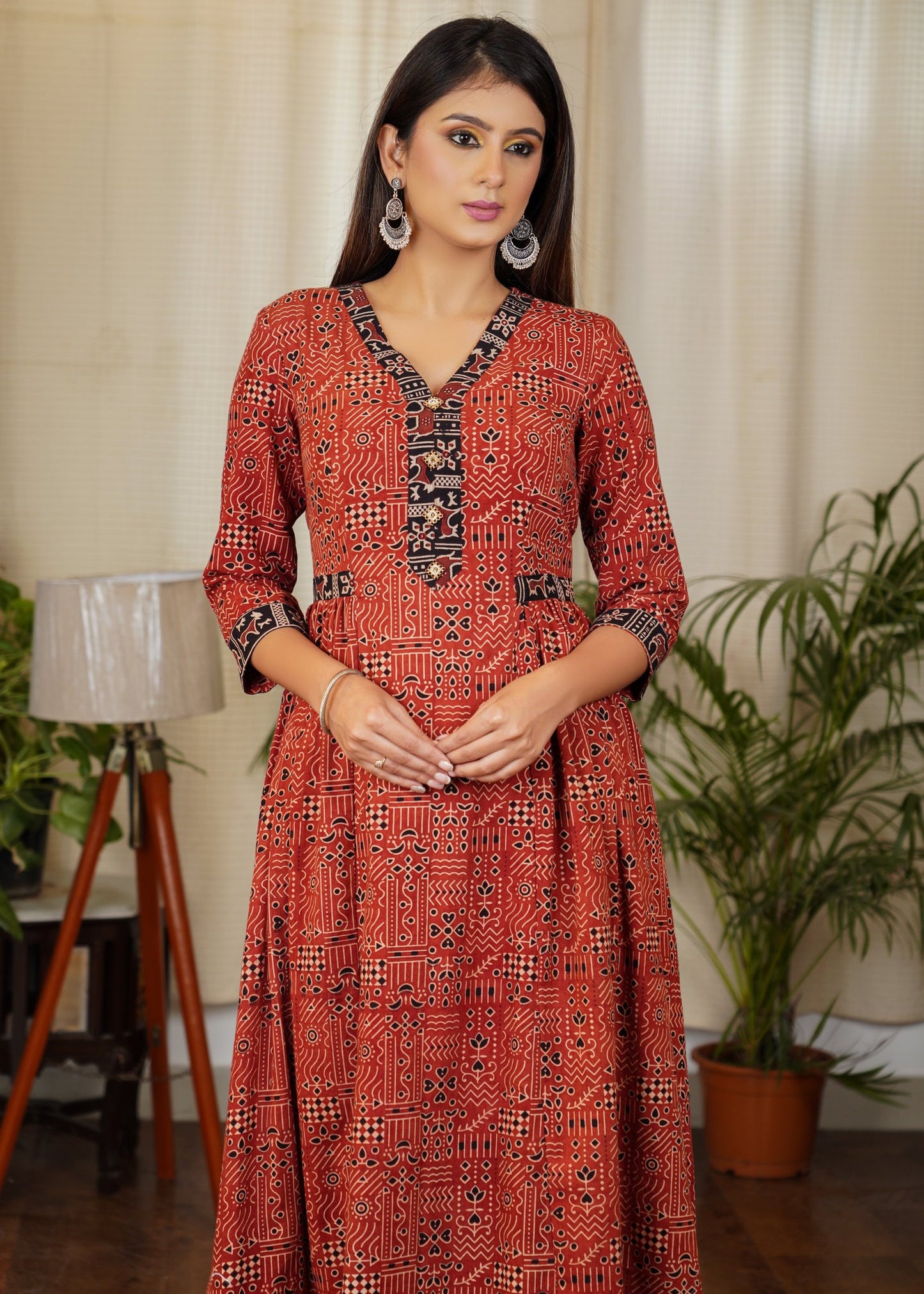 Stylish Ajrakh Combination Kurta With Beautiful Buttons