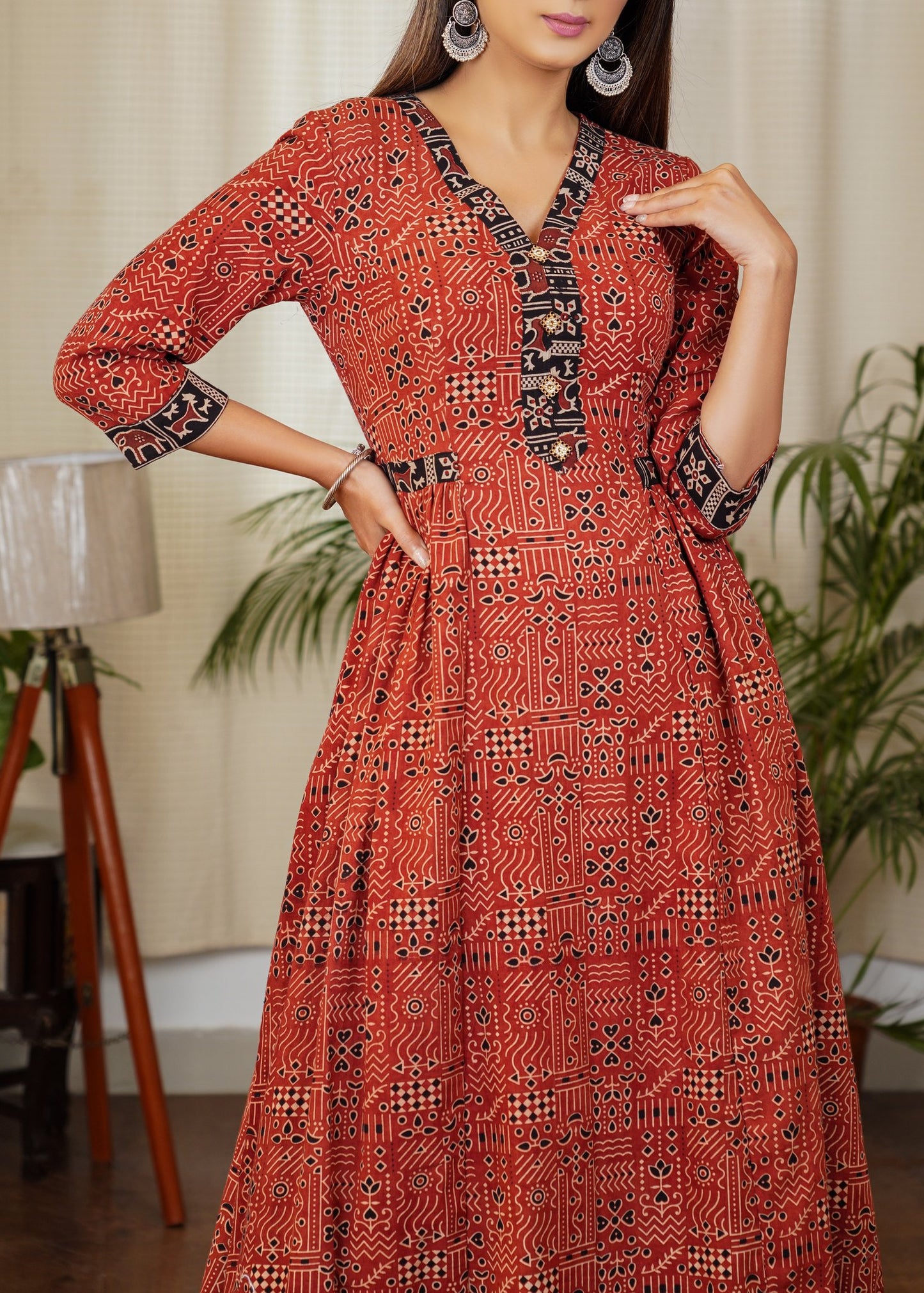 Stylish Ajrakh Combination Kurta With Beautiful Buttons