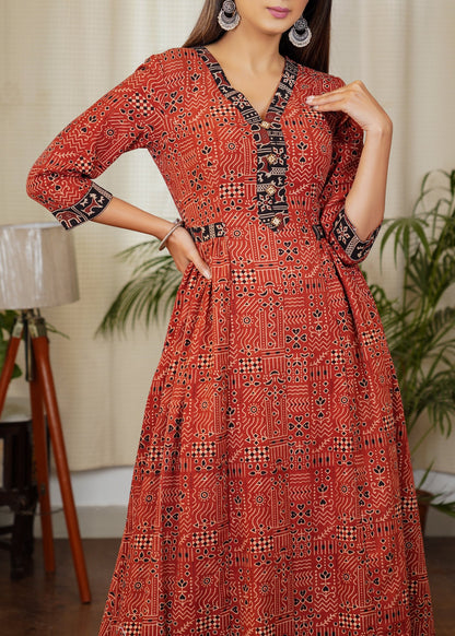 Stylish Ajrakh Combination Kurta With Beautiful Buttons