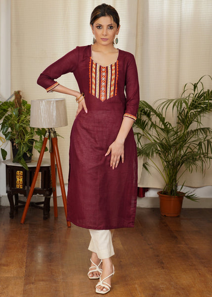 Beautifully Wine Color Embroidered Staight Cut Cotton Kurta