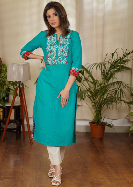 Elegant Straight Cut Cotton kurta With Pretty Embroidery Work on the Yoke