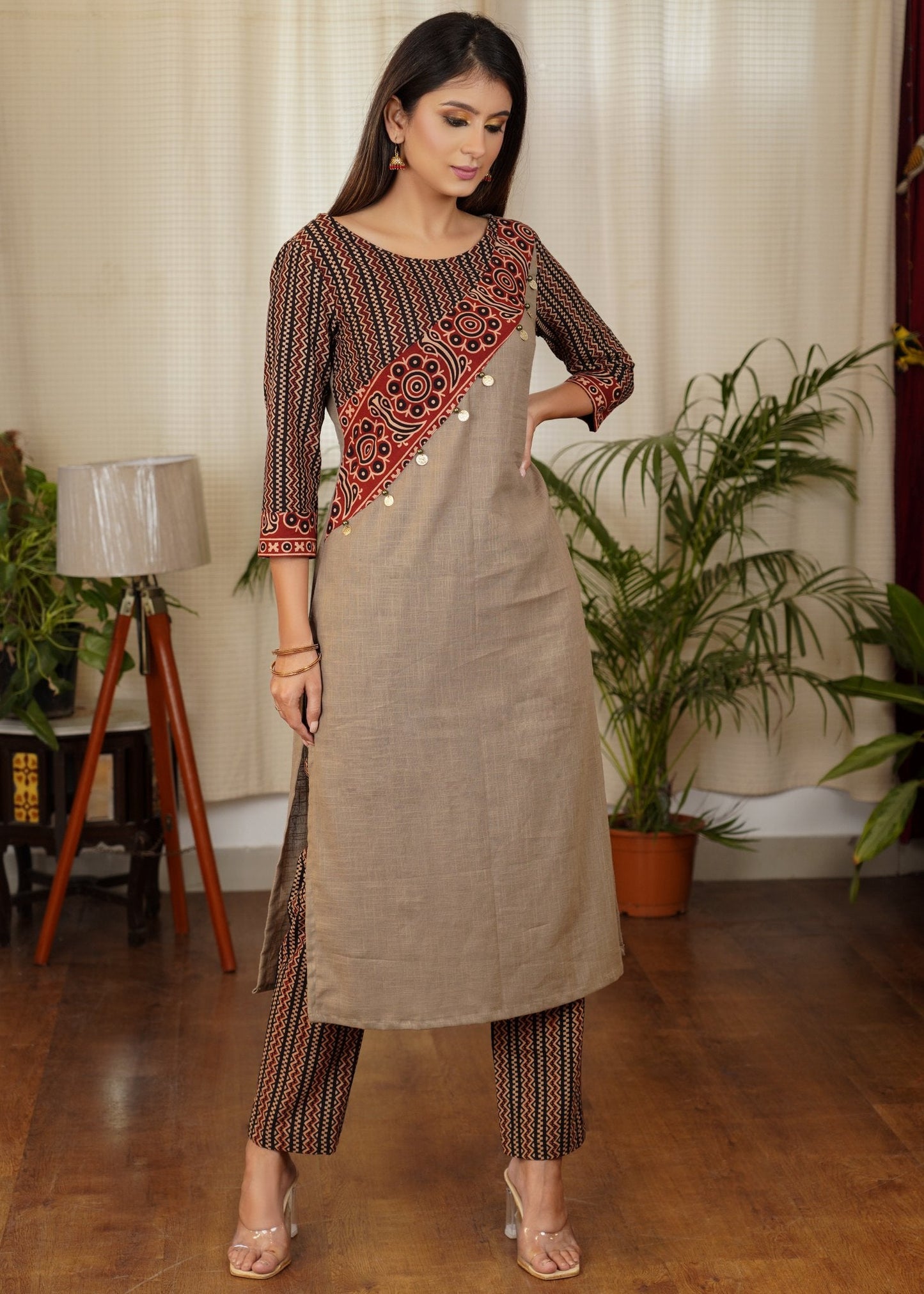 Simple and Elegant Straight cut Cotton Ajrakh Kurta with Beautiful Silver Coin Work Across