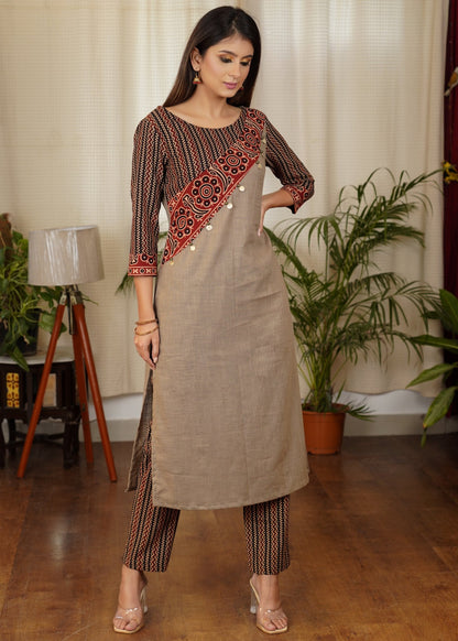 Simple and Elegant Straight cut Cotton Ajrakh Kurta with Beautiful Silver Coin Work Across