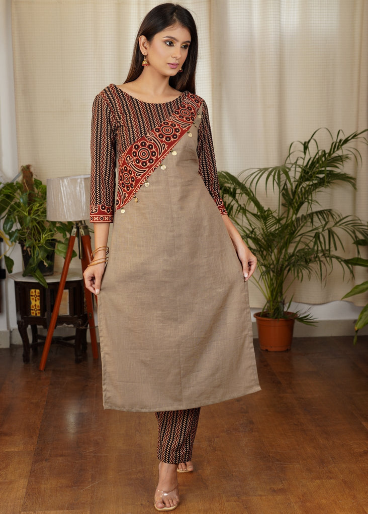Simple and Elegant Straight cut Cotton Ajrakh Kurta with Beautiful Silver Coin Work Across