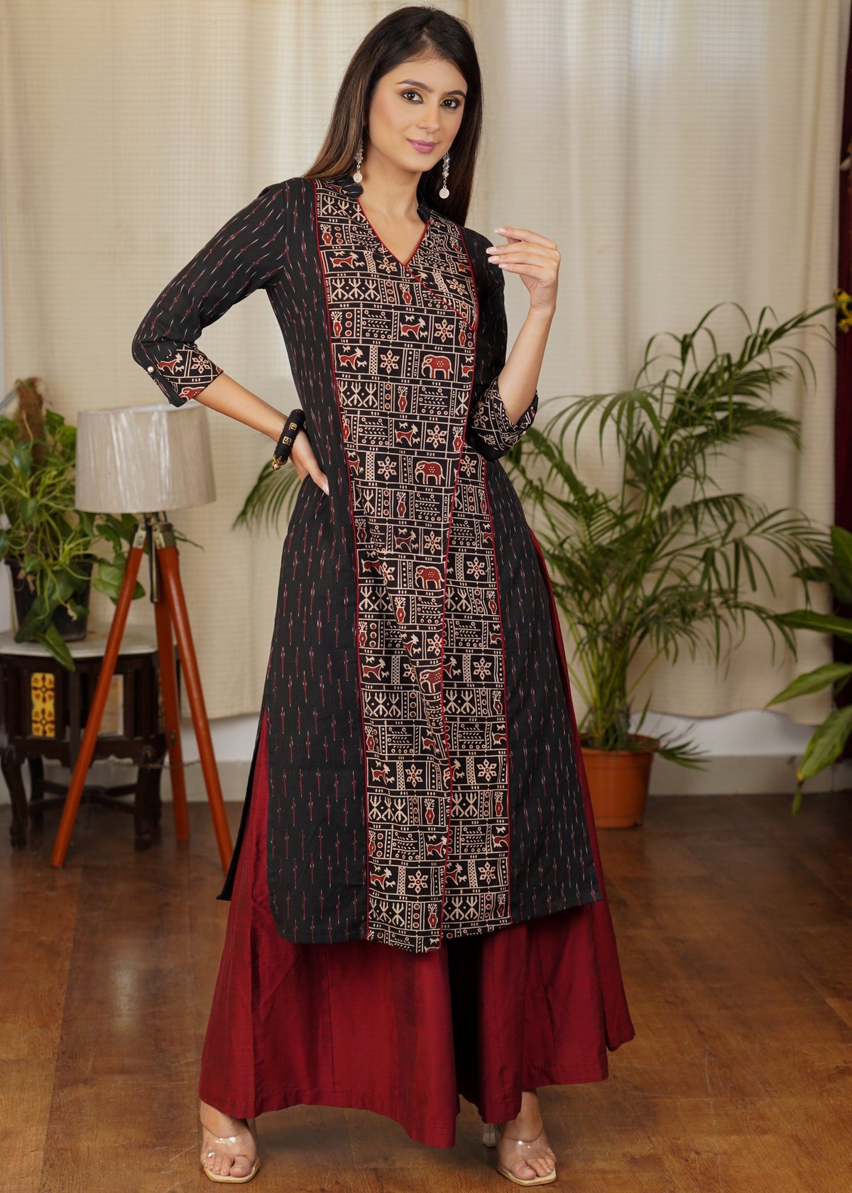 Dussehra Sale — Unique Straight Cut Cotton Ikat kurta with Ajrakh Animal Print Front Panel - Pant Optional