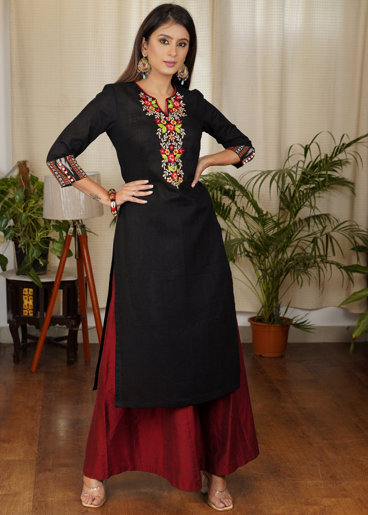 Smart Black Straight Cut Cotton Ajrakh Kurta with Contrast Embroidery