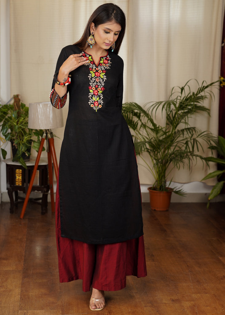 Smart Black Straight Cut Cotton Ajrakh Kurta with Contrast Embroidery