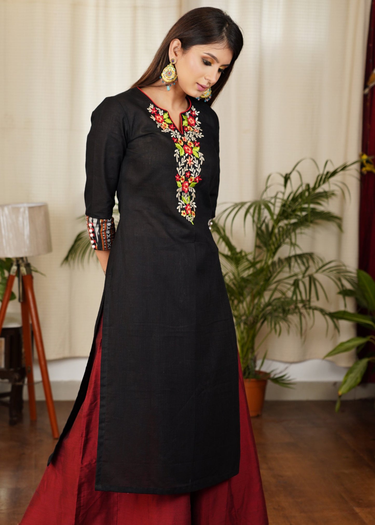 Smart Black Straight Cut Cotton Ajrakh Kurta with Contrast Embroidery