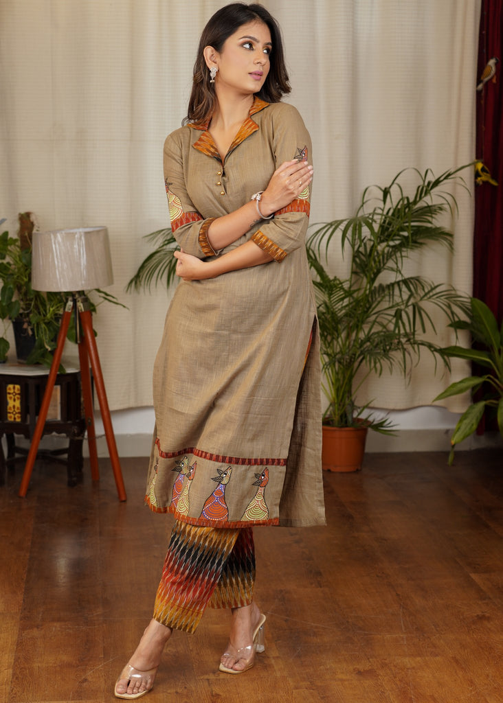 Smart Straight Cut Cotton Ikat Combination Kurta With Hand Painted Gond Art On Sleeves And Borders