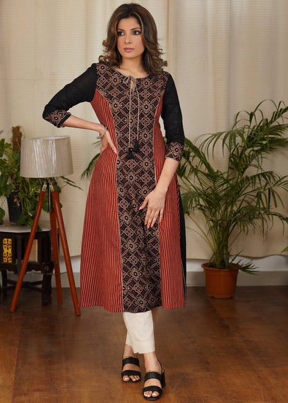 Beautiful A -line Cotton Ajrakh Combination Kurta With Fine detailing and Short Side Slits
