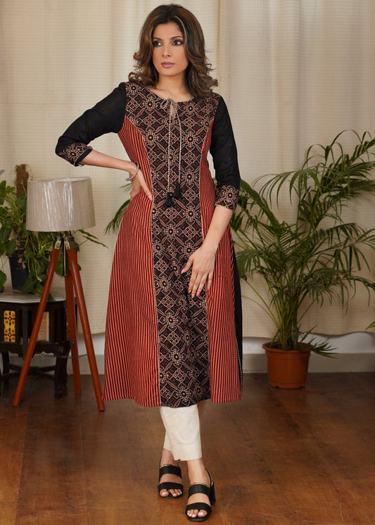 Beautiful A -line Cotton Ajrakh Combination Kurta With Fine detailing and Short Side Slits