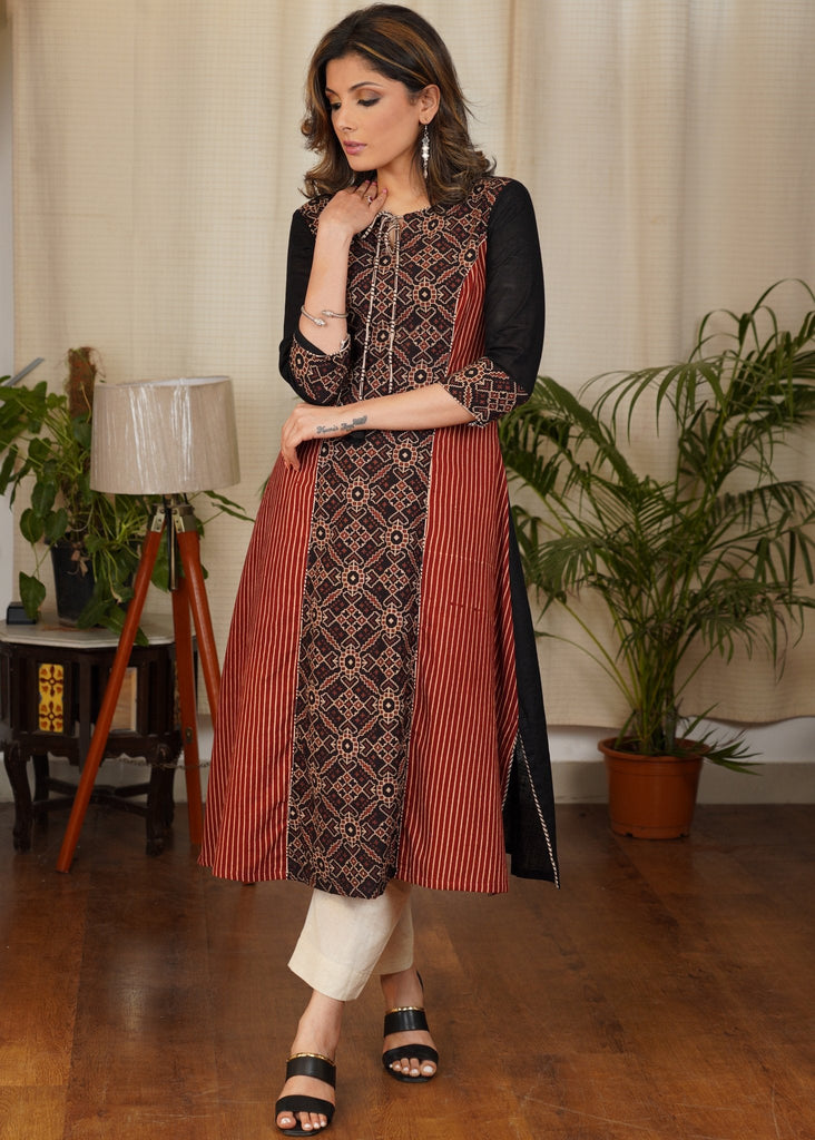 Beautiful A -line Cotton Ajrakh Combination Kurta With Fine detailing and Short Side Slits