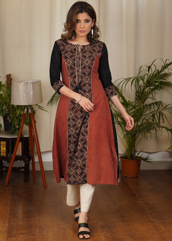 Beautiful A -line Cotton Ajrakh Combination Kurta With Fine detailing and Short Side Slits