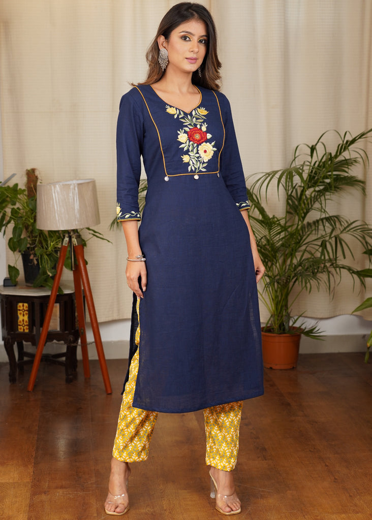 Elegant Blue Embroidered Straight Cut Cotton Kurta