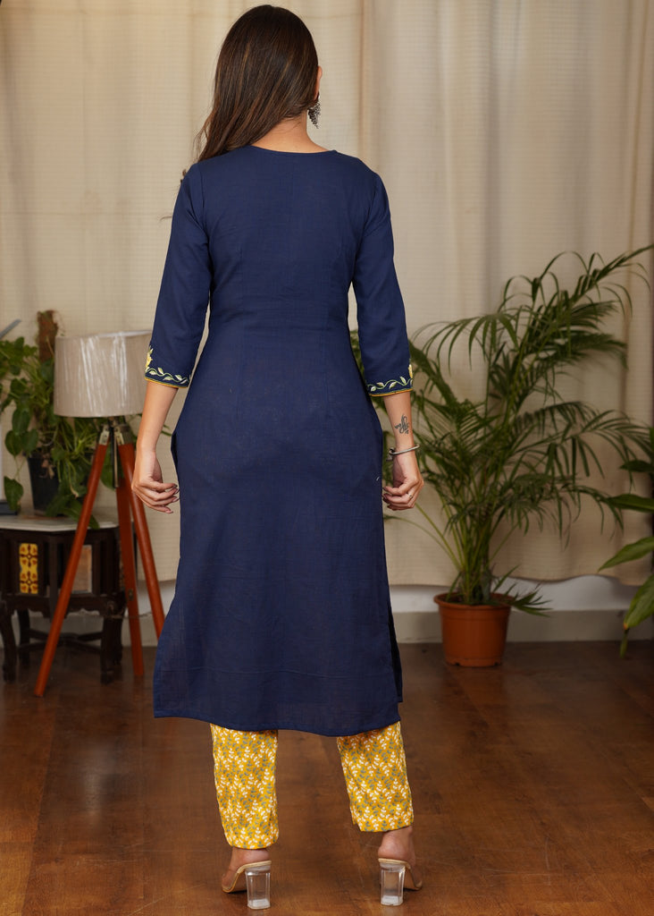 Elegant Blue Embroidered Straight Cut Cotton Kurta